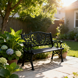 Goodout Home Outdoor Metal Garden Bench, Black Iron Patio Bench with Decorative Backrest, Rust-Resistant & Sturdy Park Bench for Yard, Porch & Backyard
